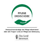 Logo 'Pflege Dreheibe' mit grünen Händen. Information über Pflege und Betreuung im Land Steiermark.